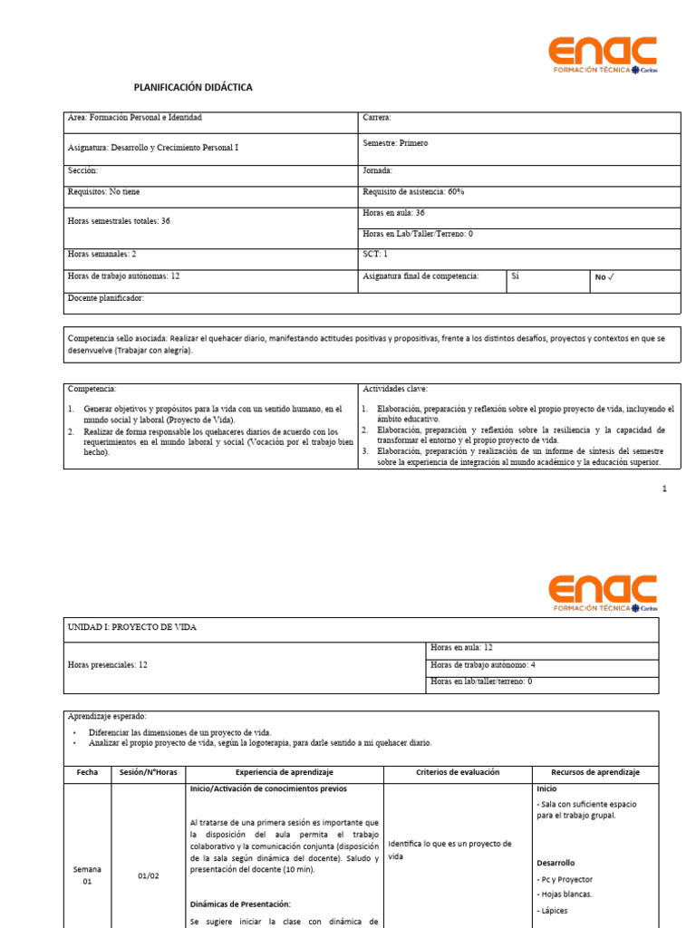 Plan. Dycp 1. 18 Semanas | PDF | Evaluación | Aprendizaje