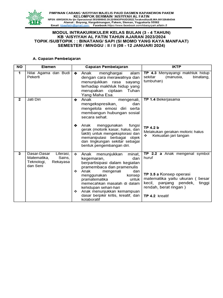 Modul Ajar Tema Sapi untuk PAUD | PDF