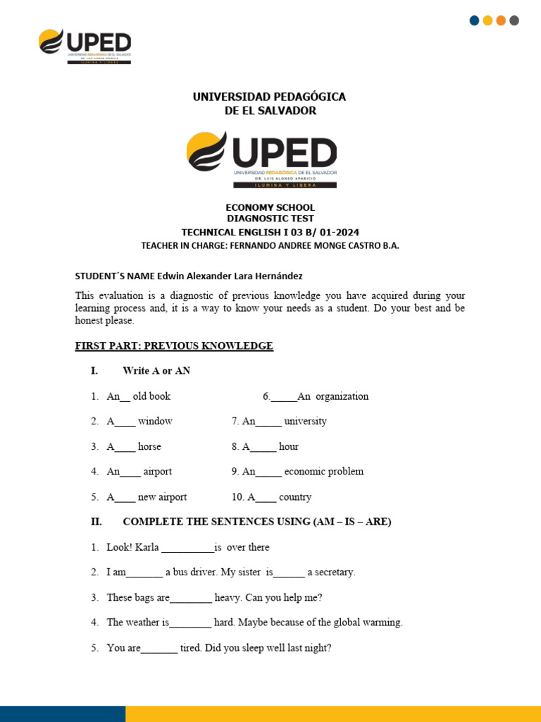Diagnostic Test for Technical English | PDF