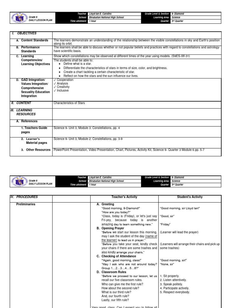 StarDetailed Lesson Plan PDF Stars Sun