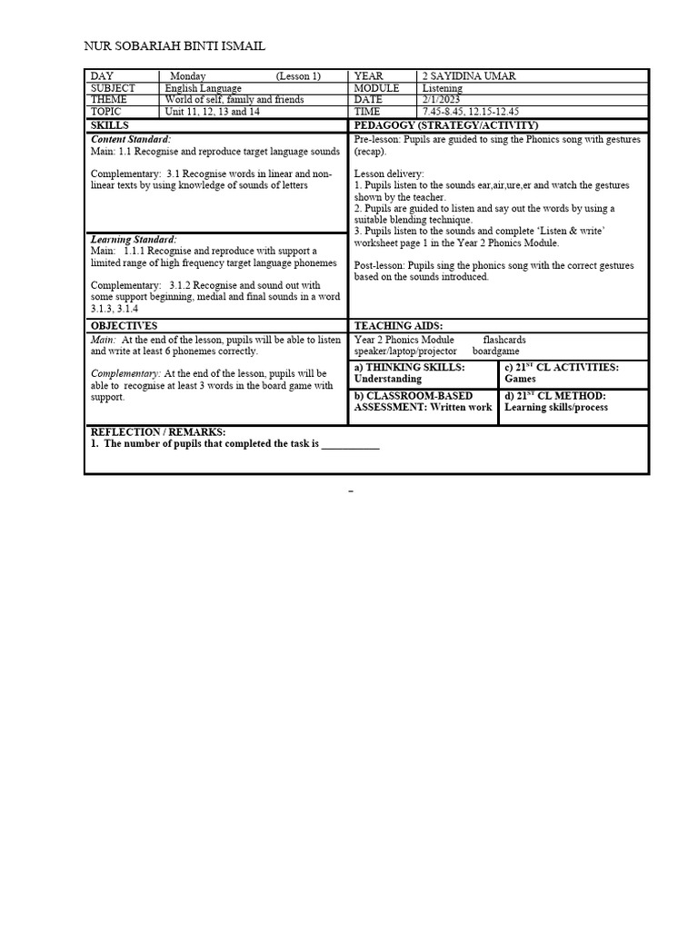 Year 2 English Phonics Lesson Plans | PDF | Phonics | Reading Comprehension