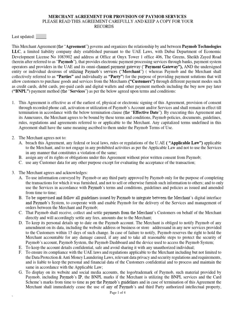 Merchant Agreement with Paymob Services | PDF | Payments | Indemnity