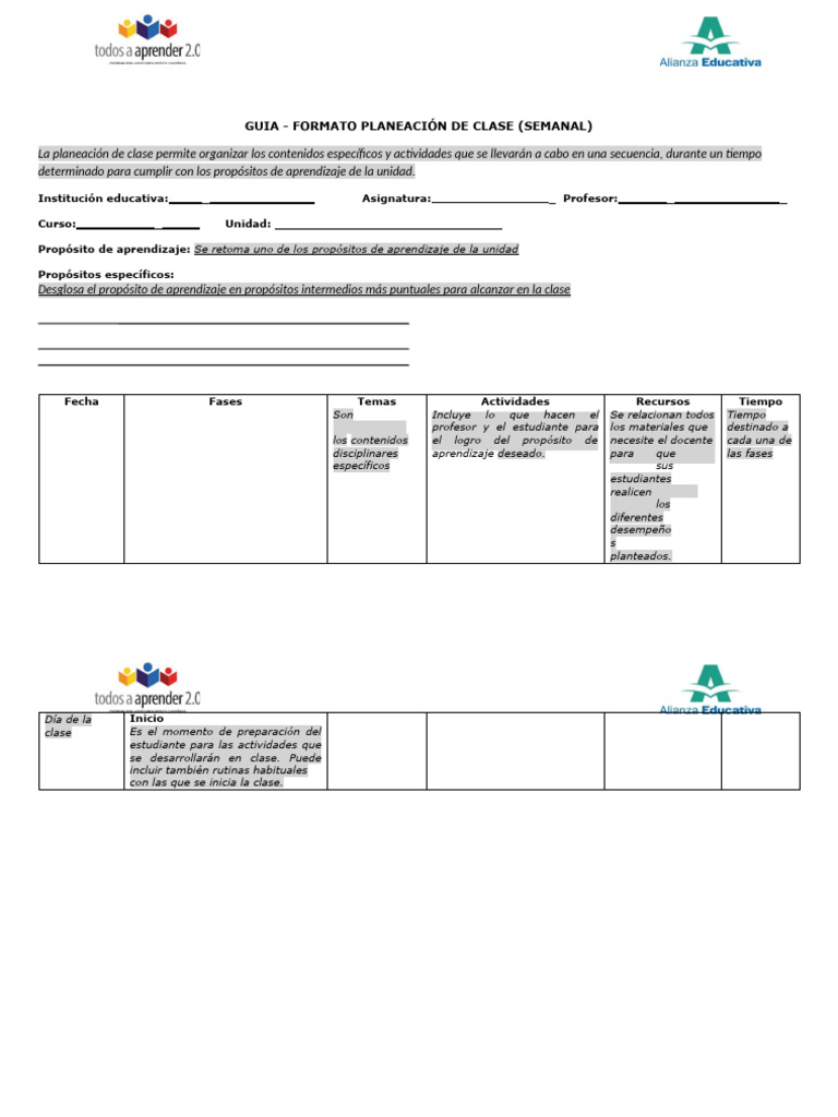 Formato de Planeación de Clase Semanal | PDF | Maestros | Aprendizaje