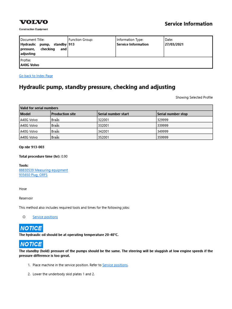 Hydraulic Pump, Standby Pressure, Checking and Adjusting PDF Pump