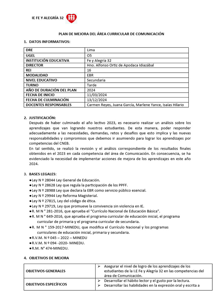 Plan de Mejora en Comunicación 2024 | PDF | Aprendizaje | Maestros