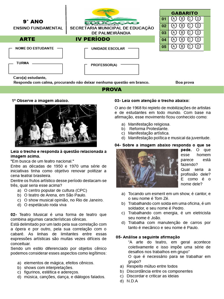 Prova Arte 9 Ano Iv Periodo | PDF | Teatro musical