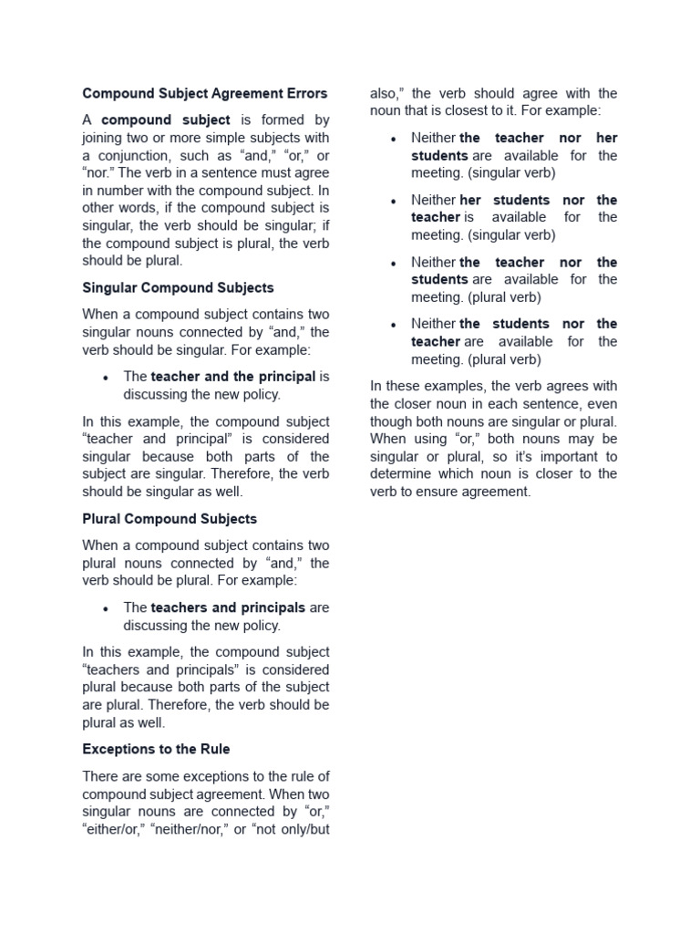 Compound Subject Agreement Errors Explained | PDF | Grammatical Number ...