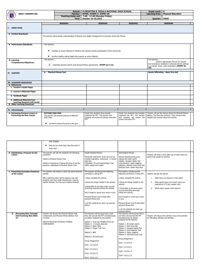 Grade 9 PE Daily Lesson Plan | PDF | Learning | Physical Fitness