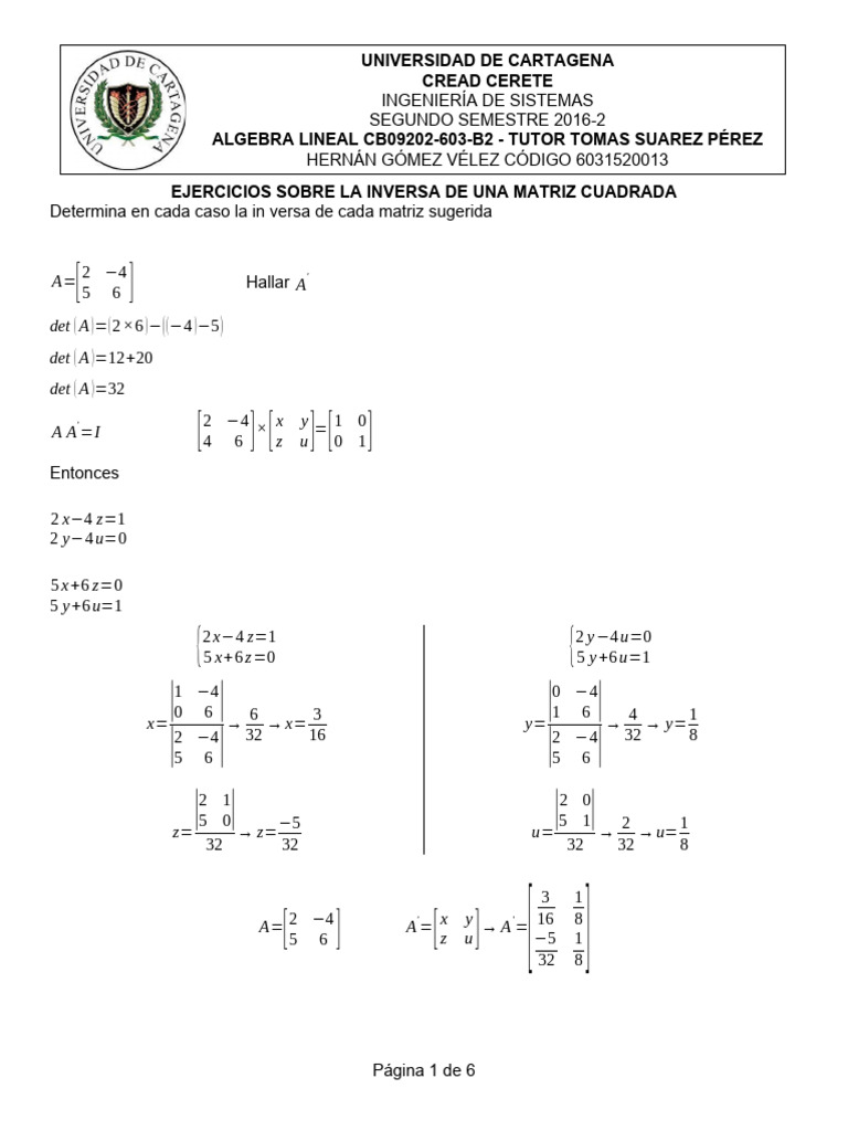 Resoluci n ejercicios sobre la inversa de una matriz pdf