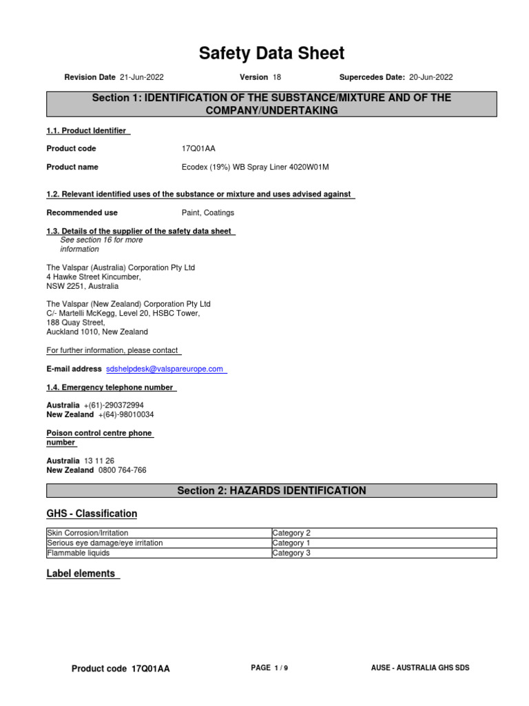 Ecodex WB Spray Liner Safety Data Sheet | PDF | Toxicity | Firefighting
