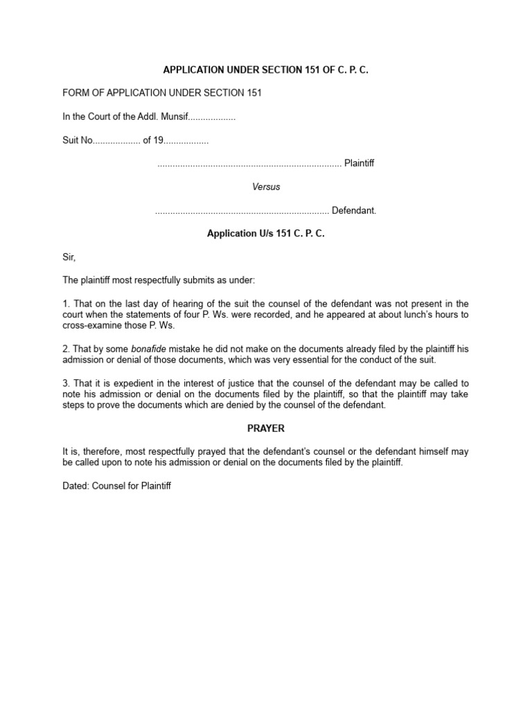 Application under section 151 of c p c pdf