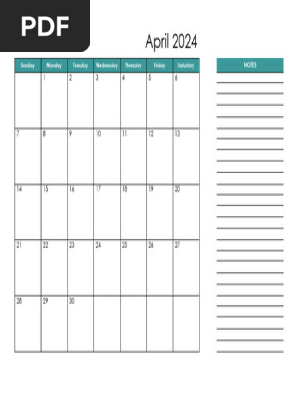 2024 04 April Calendar Bluegreen Notes Glandscape Sunday Start En