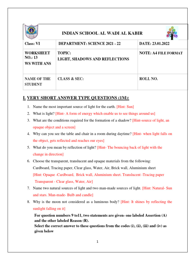 9272304 Class 6 Science Light Shadows And Reflections Ws With