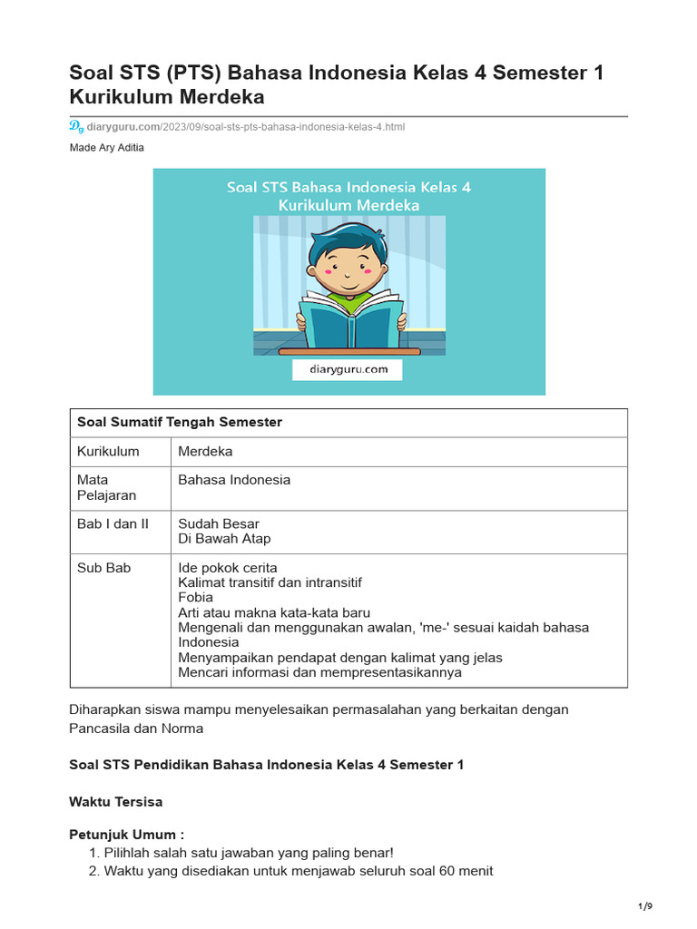 Diaryguru Soal Sts Pts Bahasa Indonesia Kelas 4 Semester 1