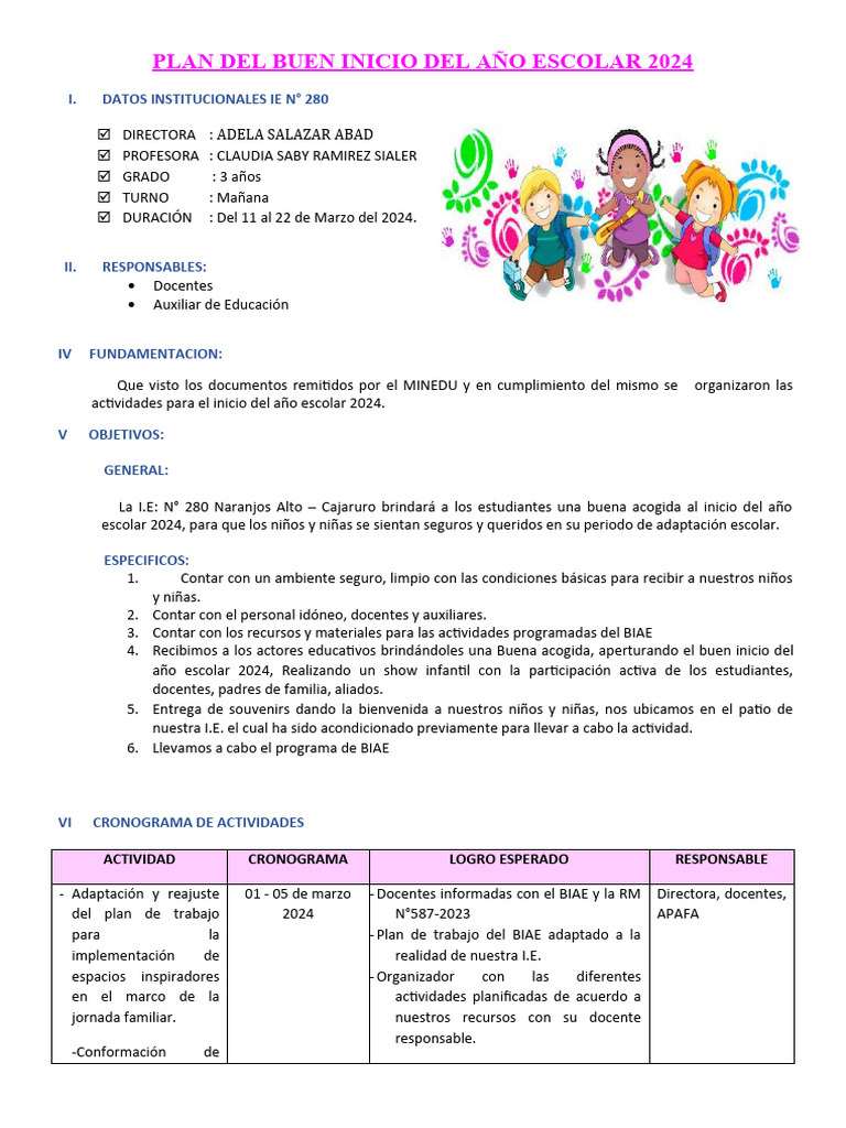 Buen Inicio Año Escolar 2024 en IE N° 280 | PDF | Las emociones ...