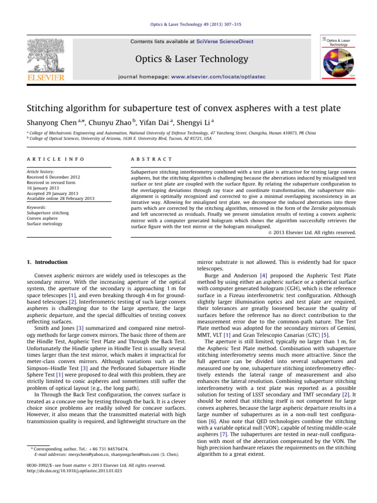 Subaperture Stitching for Convex Aspheres | PDF | Interferometry | Mirror