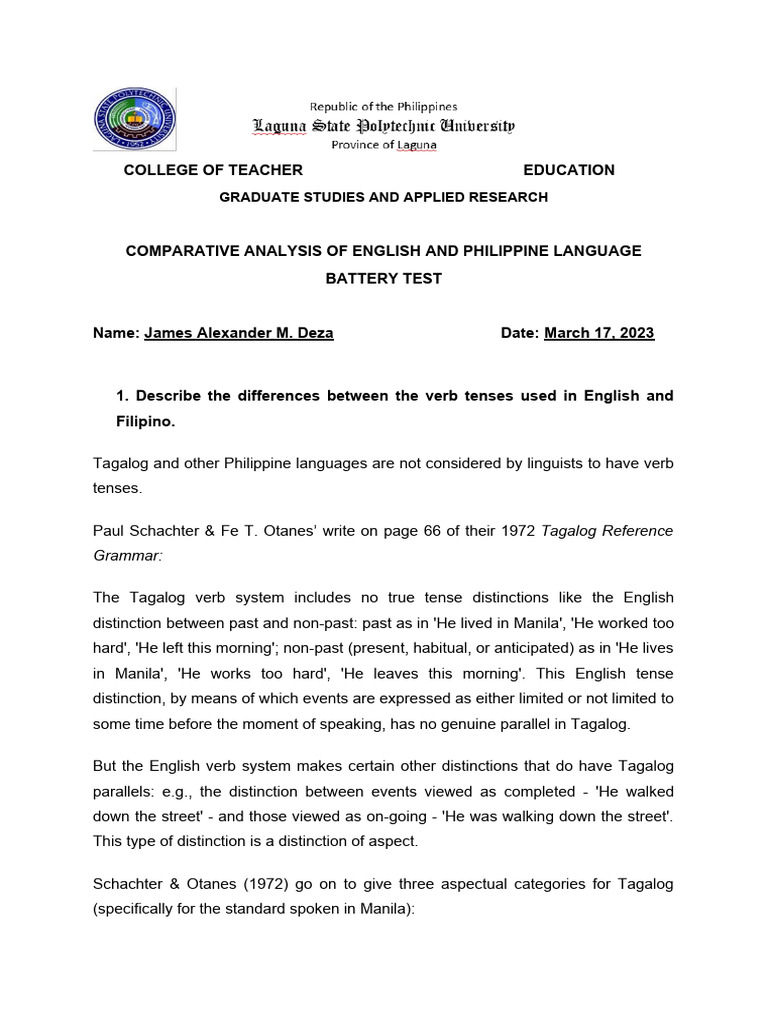 English vs. Filipino Language Analysis | PDF | Stress (Linguistics ...