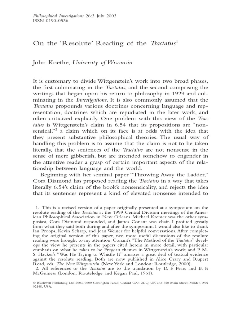 Koethe On The Resolute Reading of The Tractatus PDF Ludwig