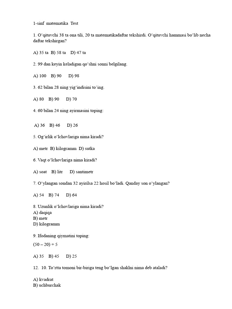 test 3 sinf matematika