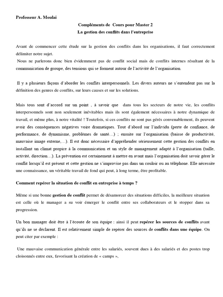 Gestion des conflits en entreprise | PDF | Arbitrage | Résolution de ...
