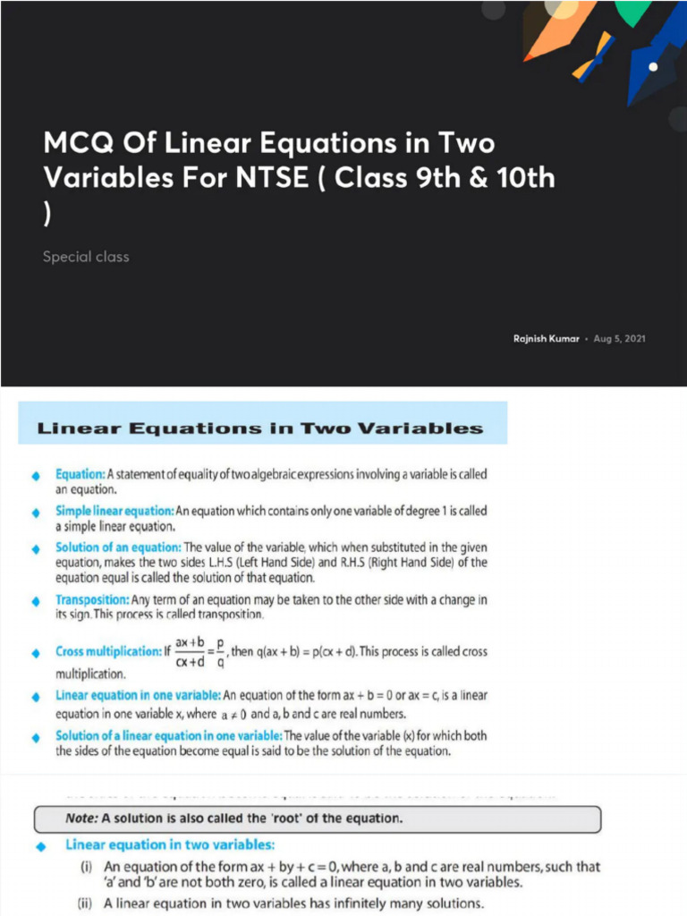 MCQ of Linear Equations in Two Variables For NTSE Class 9th 10th With ...