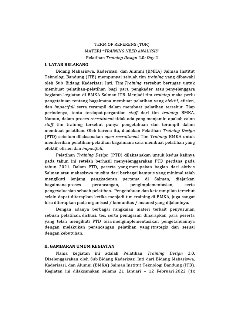 Term of Referens, Training Development Process | PDF