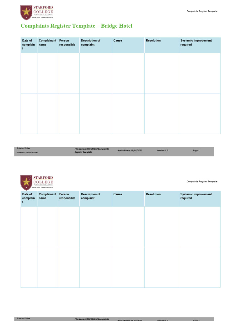 SITXCOM010 Complaints Register Template PDF