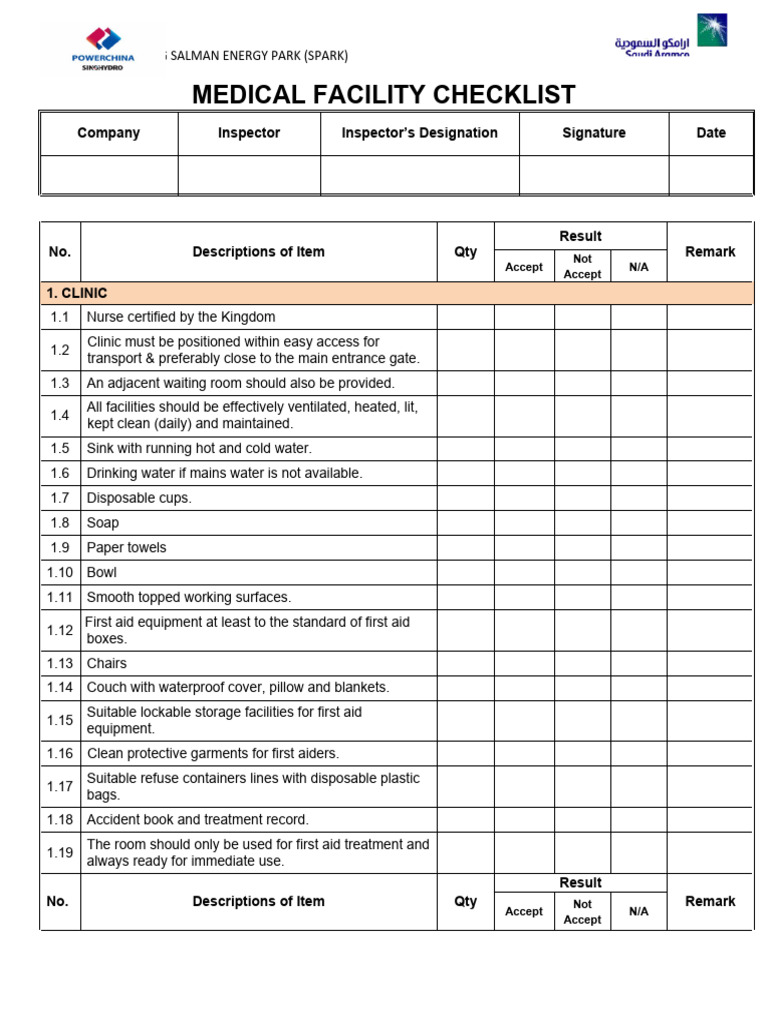 Medical Facilities Checklist | PDF | First Aid | Wound