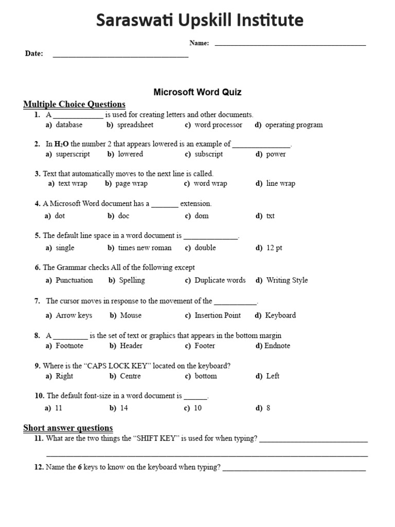 Microsoft Word Quiz Questions | PDF | Microsoft Word | Computer Keyboard