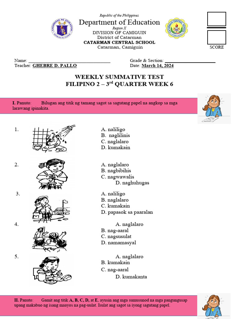 FILIPINO 2 Weekly Test - Q3 Week 6 | PDF