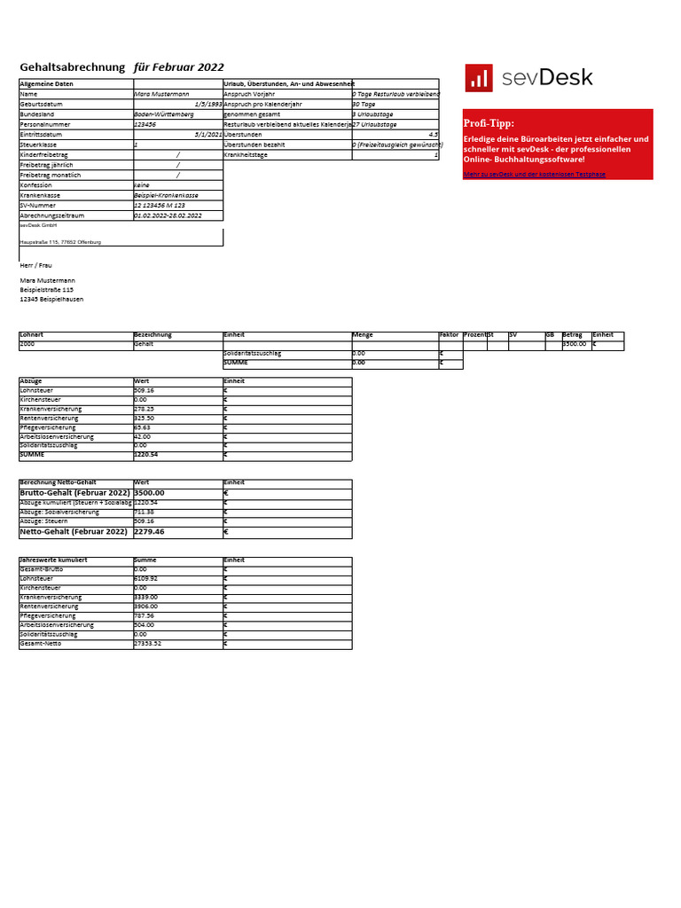 Gehaltsabrechnung Vorlage Excel Sevdesk de 2 | PDF, image size:768x1024