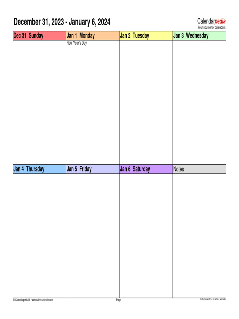 Weekly Calendar 2024 Landscape 4 Columns in Color PDF Observances