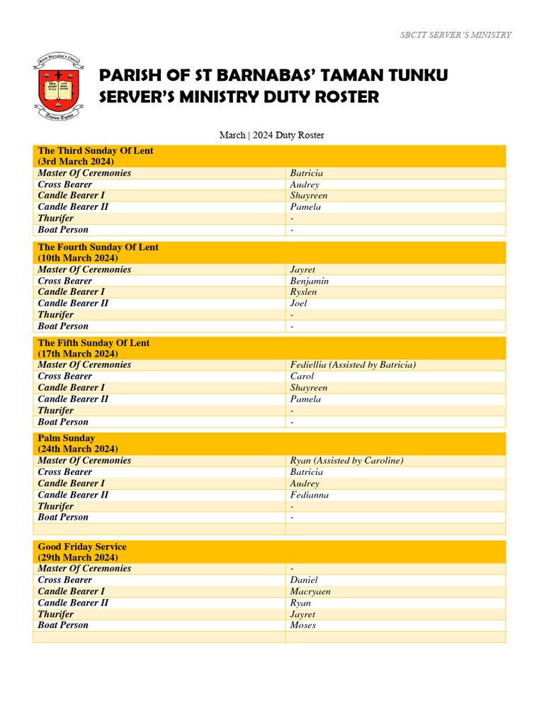 March 2024 Altar Server Roster | PDF | Catholic Church | Lent