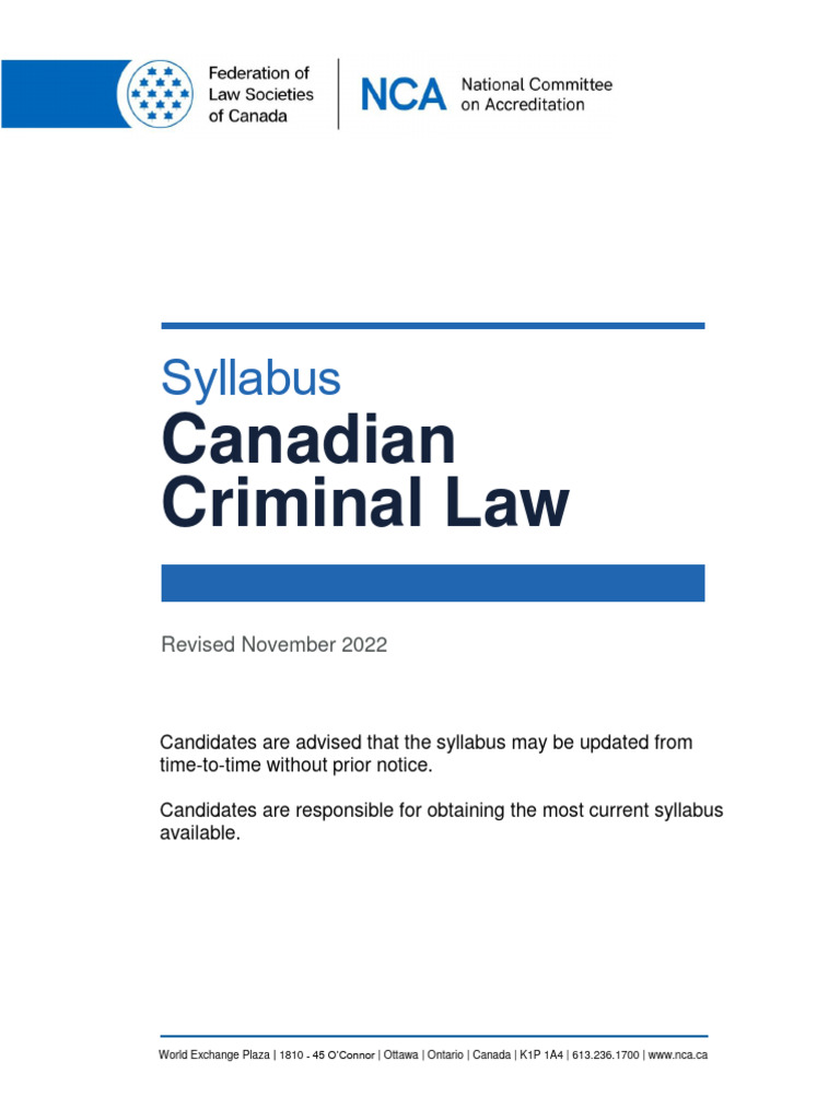 Canadian Criminal Law Syllabus 2022 | PDF | Mens Rea | Recklessness (Law)