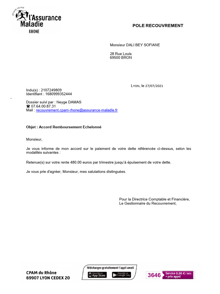Accord de Remboursement de Dette CPAM | PDF