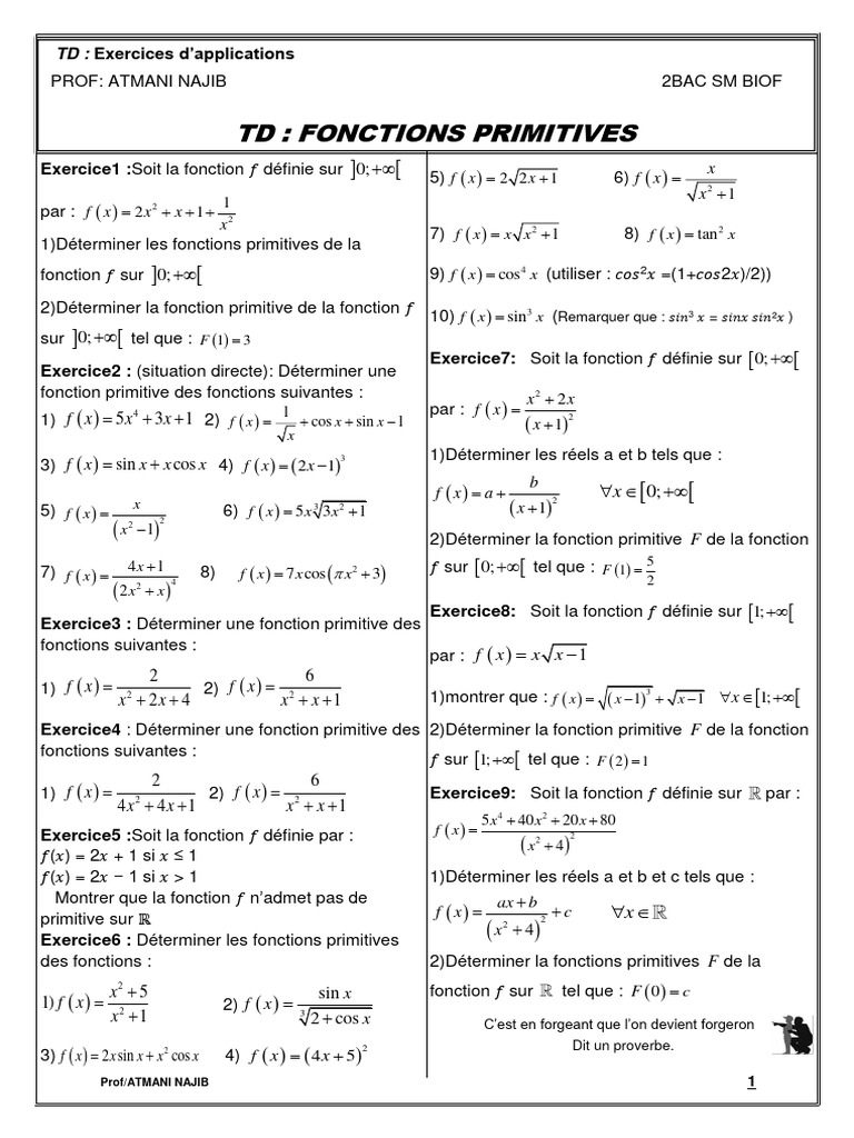 Exercices sur les fonctions primitives | PDF | Méthodes et références ...