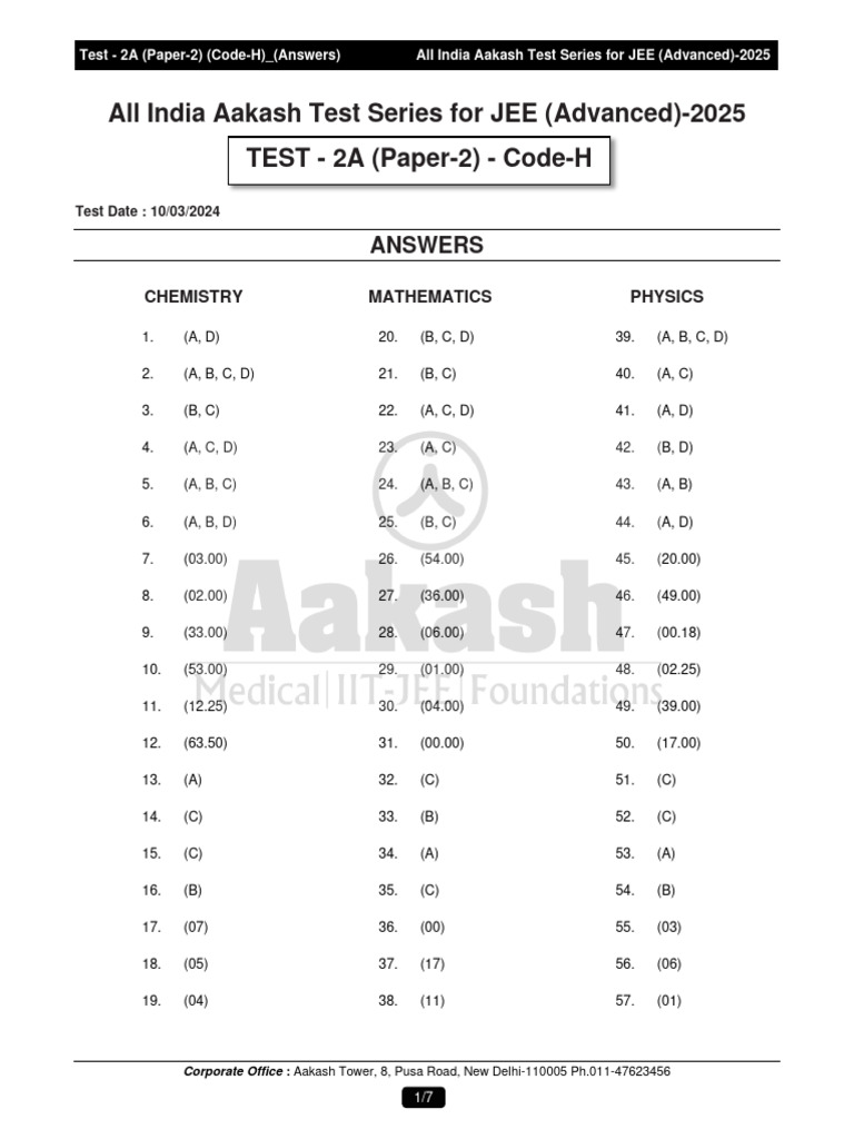 AIATS For First Step JEE (ADV) - Phase-3&4 Test-2A-P2 Code-H Sol 10-03 ...