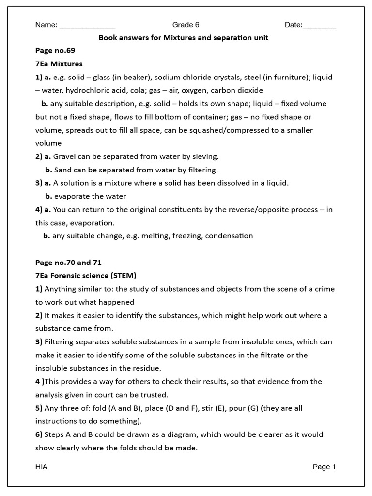 Mixtures and Separation Book Answers | PDF | Water | Solubility