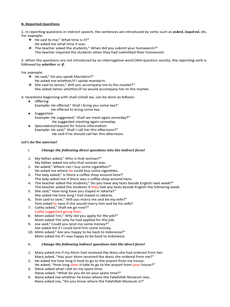 Indirect Speech: Reporting Questions Guide | PDF | Question | Morphology