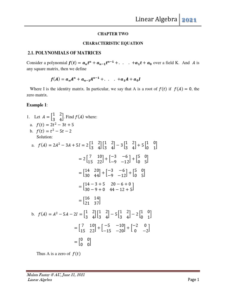 Characteristic Equation in Linear Algebra | PDF | Eigenvalues And ...