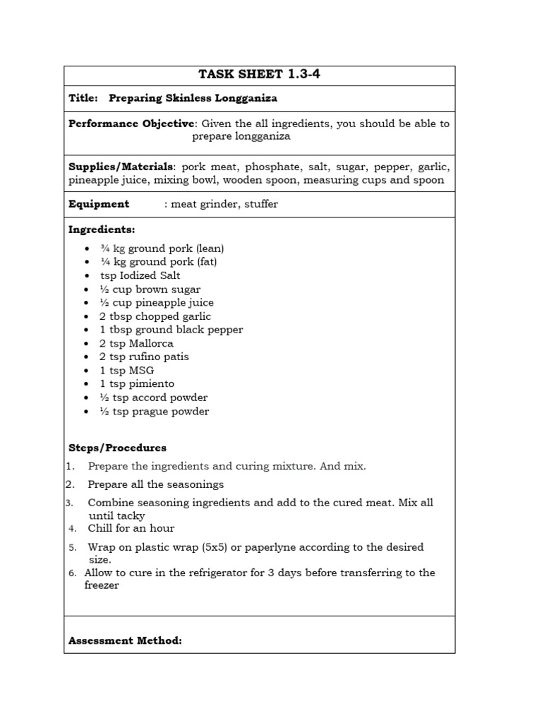 Longganiza Preparation Task Sheet | PDF