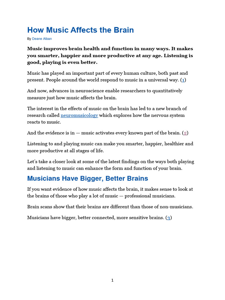 How Music Affects The Brain Author Deane Alban | PDF | Dementia ...