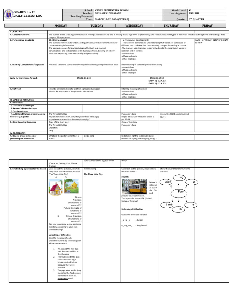 Grade 6 English Daily Lesson Plan | PDF | Learning | Linguistics