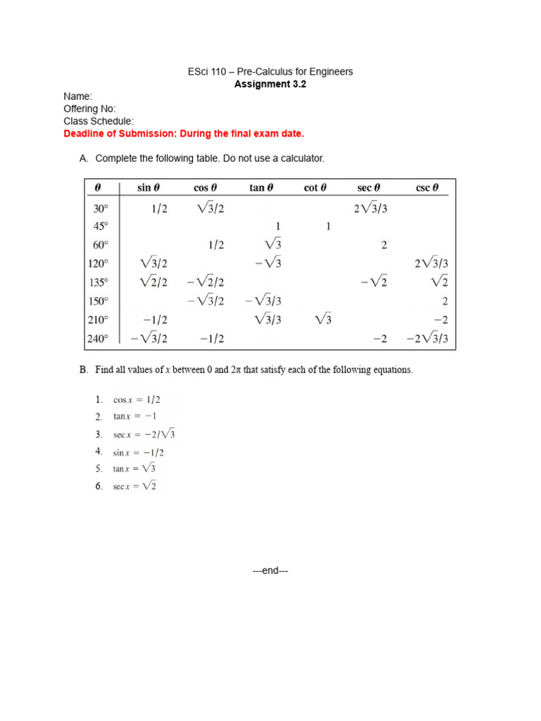 Pre-Calculus Assignment 3.2 | PDF