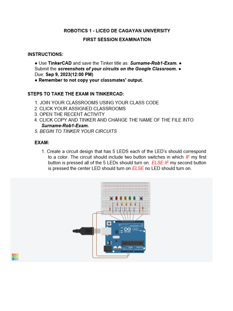 TinkerCAD Exam Instructions for Robotics 1 | PDF