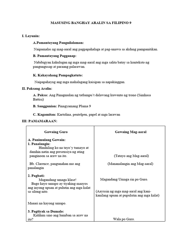 Bagun J F Lesson Plan Ang Pinagmulan Ng Tatlumput Dalawang Kwento Ng