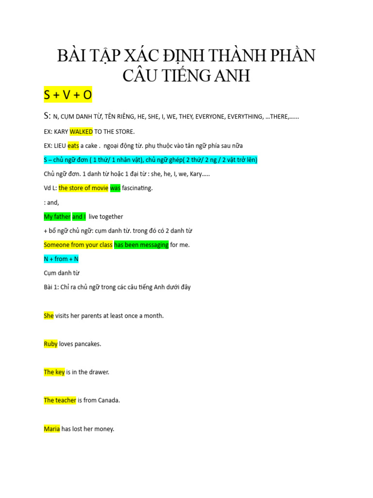 BÀI TẬP XÁC ĐỊNH THÀNH PHẦN CÂU TIẾNG ANH VỚI CHỦ NGỮ ĐỘNG TỪ TÂN NGỮ