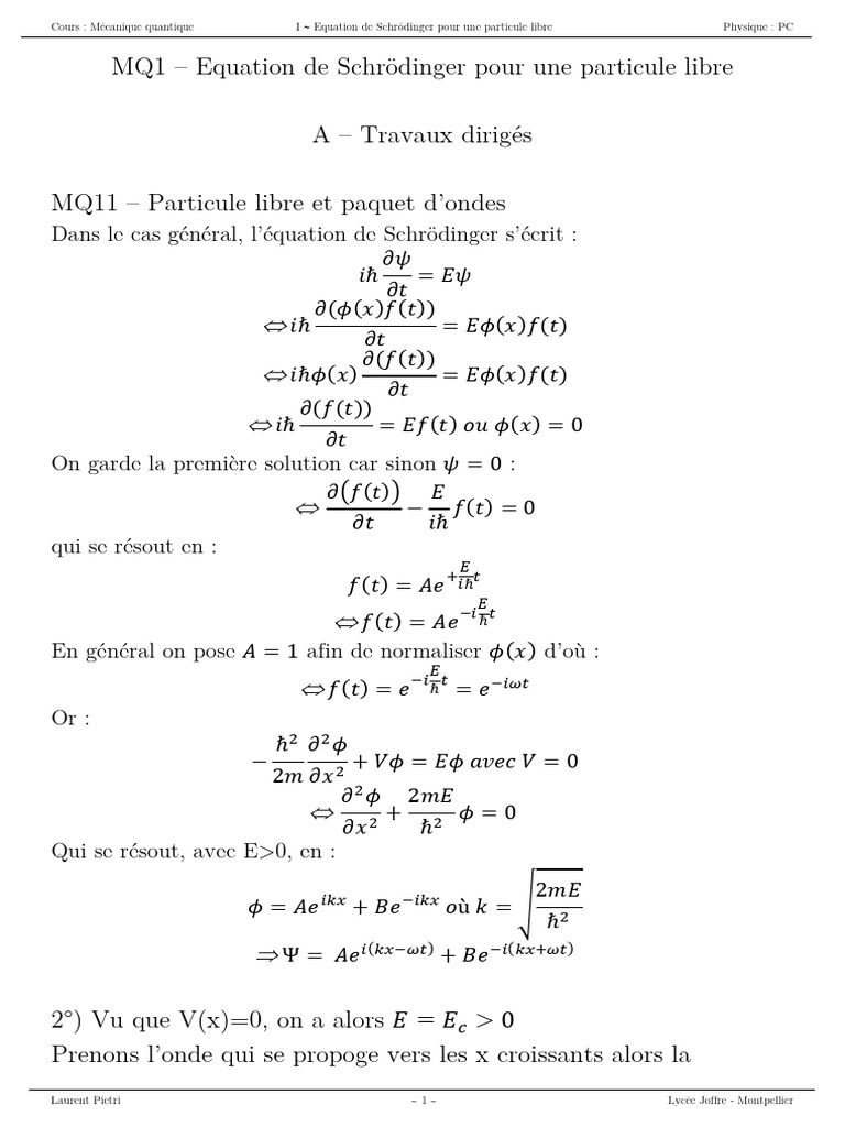 Équation de Schrödinger et particule libre | PDF | Équation de ...