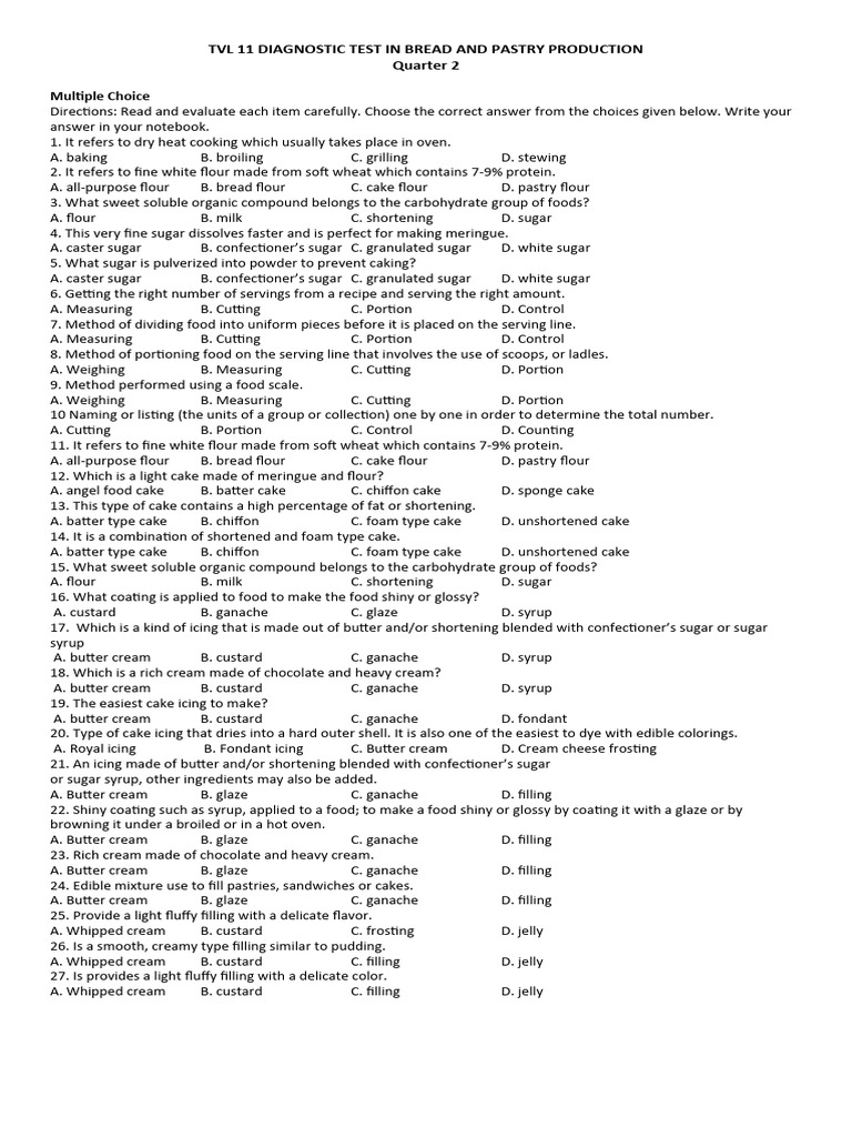 TVL 11 Pastry Production Diagnostic Test | PDF | Cakes | Icing (Food)