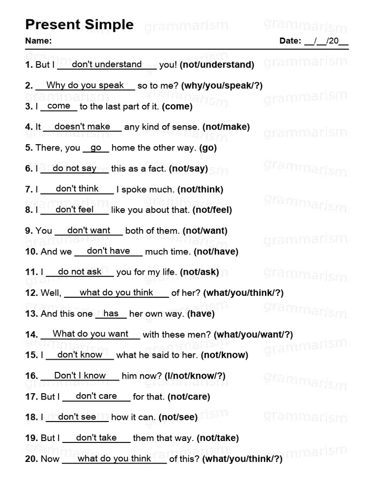 Present Simple Test QUE Complete The Following Sentences Using